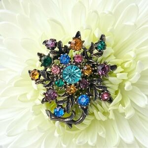 Vintage Estate Multicolor Flower Crystal Rhinestone Brooch Woodland Bouquet Pin